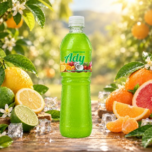 Agua Fresca Aguas Frescas ADY sabor Cítricos con gotas de condensación e ingredientes frescos