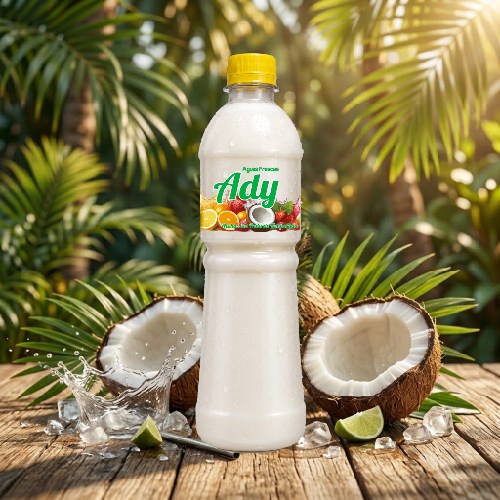 Agua Fresca Aguas Frescas ADY sabor Horchata Coco con gotas de condensación e ingredientes frescos
