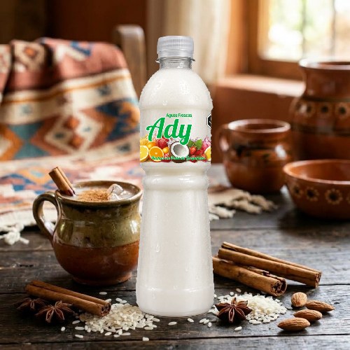 Agua Fresca Aguas Frescas ADY sabor Horchata con gotas de condensación e ingredientes frescos