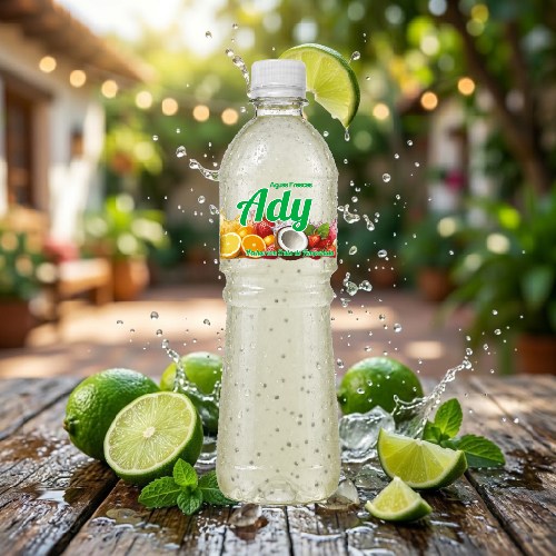 Agua Fresca Aguas Frescas ADY sabor Limón Chía con gotas de condensación e ingredientes frescos