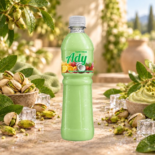 Agua Fresca Aguas Frescas ADY sabor Pistache con gotas de condensación e ingredientes frescos