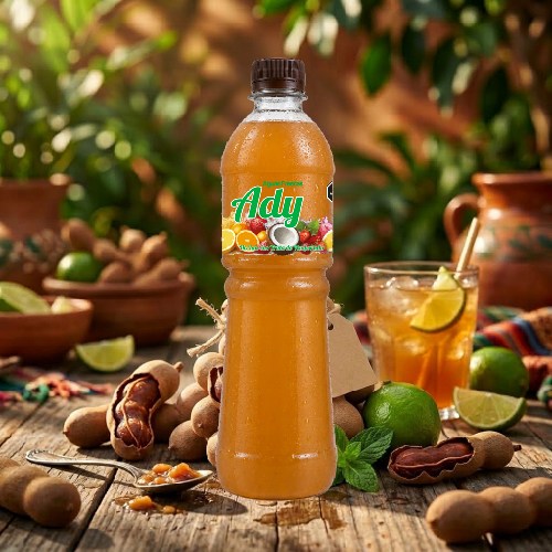 Agua Fresca Aguas Frescas ADY sabor Tamarindo con gotas de condensación e ingredientes frescos
